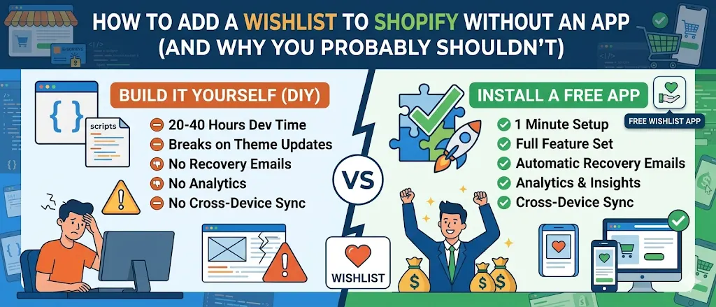 Shopify wishlist without an app, DIY custom code vs free wishlist app comparison